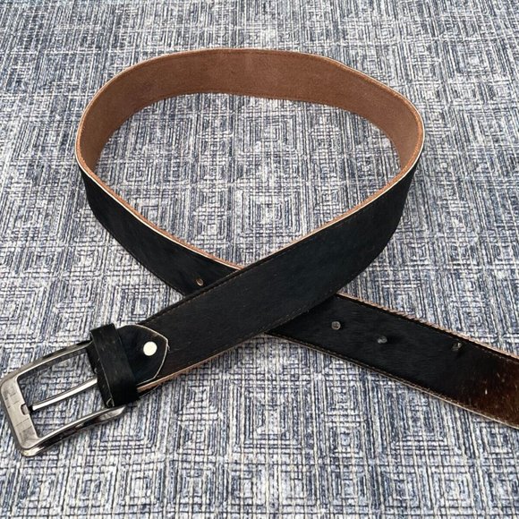 Real Fur Waistband Unisex Belt Handmade Genuine Leather Dark Brown Size 32